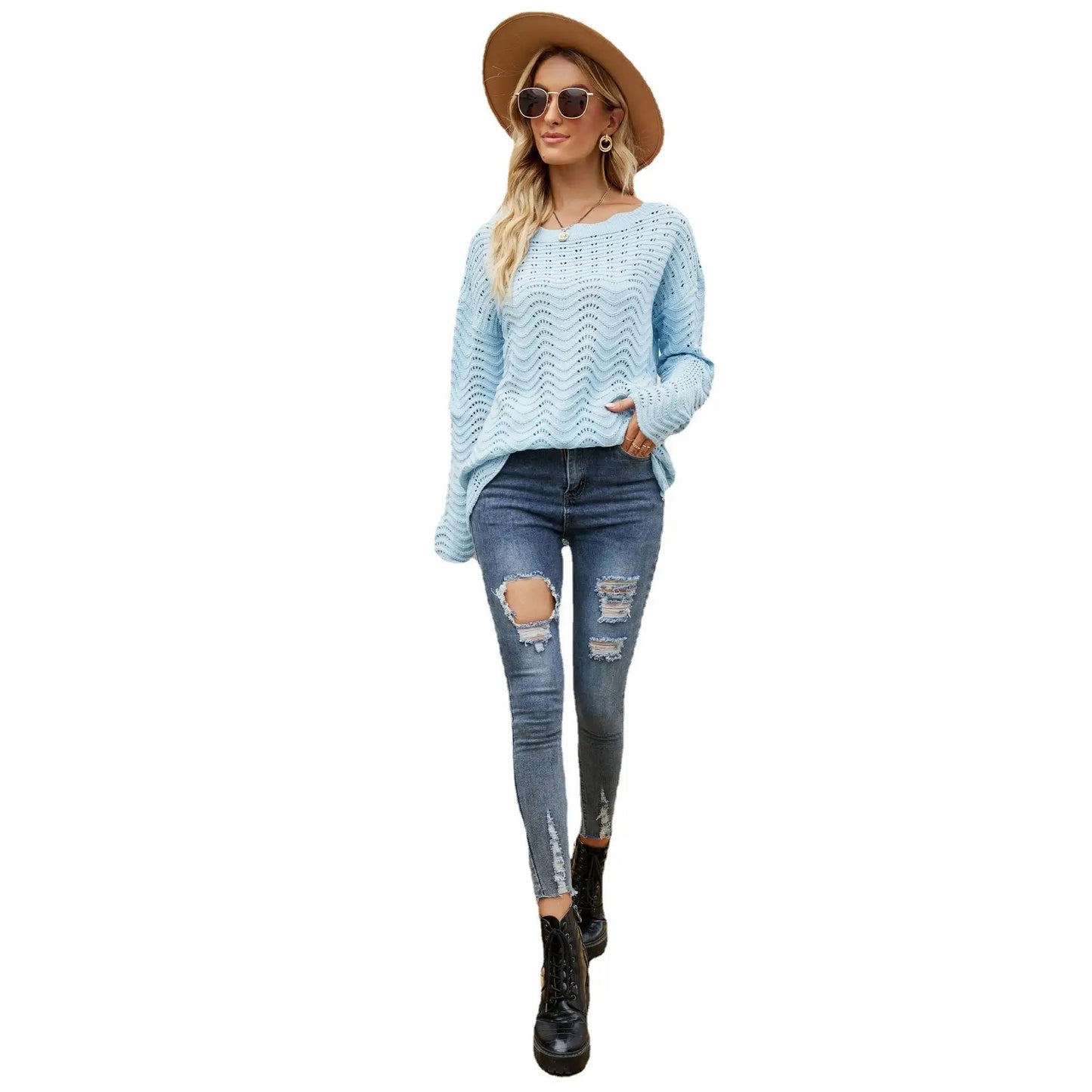 Stylish and Versatile: 2024 Autumn Solid Color Hollow Pullover Knitwear for Women