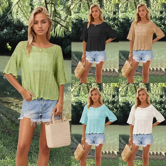 2024 Summer New Round Neck Mesh Knit Tshirt for Casual Women - Hollow Out & Large Size