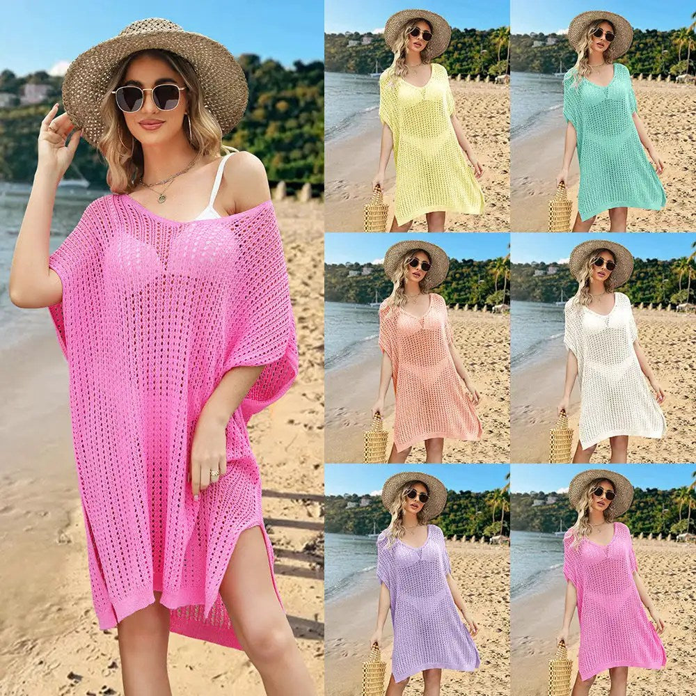 Stylish and Comfortable: 2024 Spring Summer Plus Size Beach Cover Up Dress with Cutout Splicing and Hollow Out Design