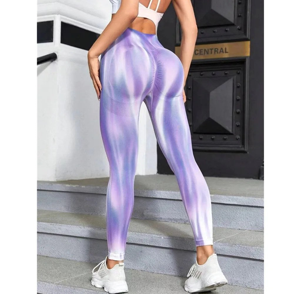 High Waist Women's Tie-Dye Yoga Pants - Peach Hip Gym Tights with Belly Tuck Feature for Running & Sports