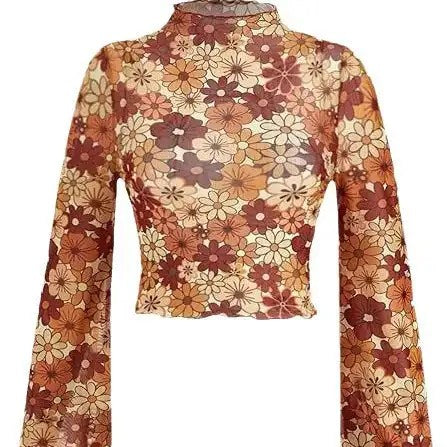Women's Trumpet Sleeves Top with Lettuce Edging and Flower Mesh - Perfect for Open Navel T-shirt Look!