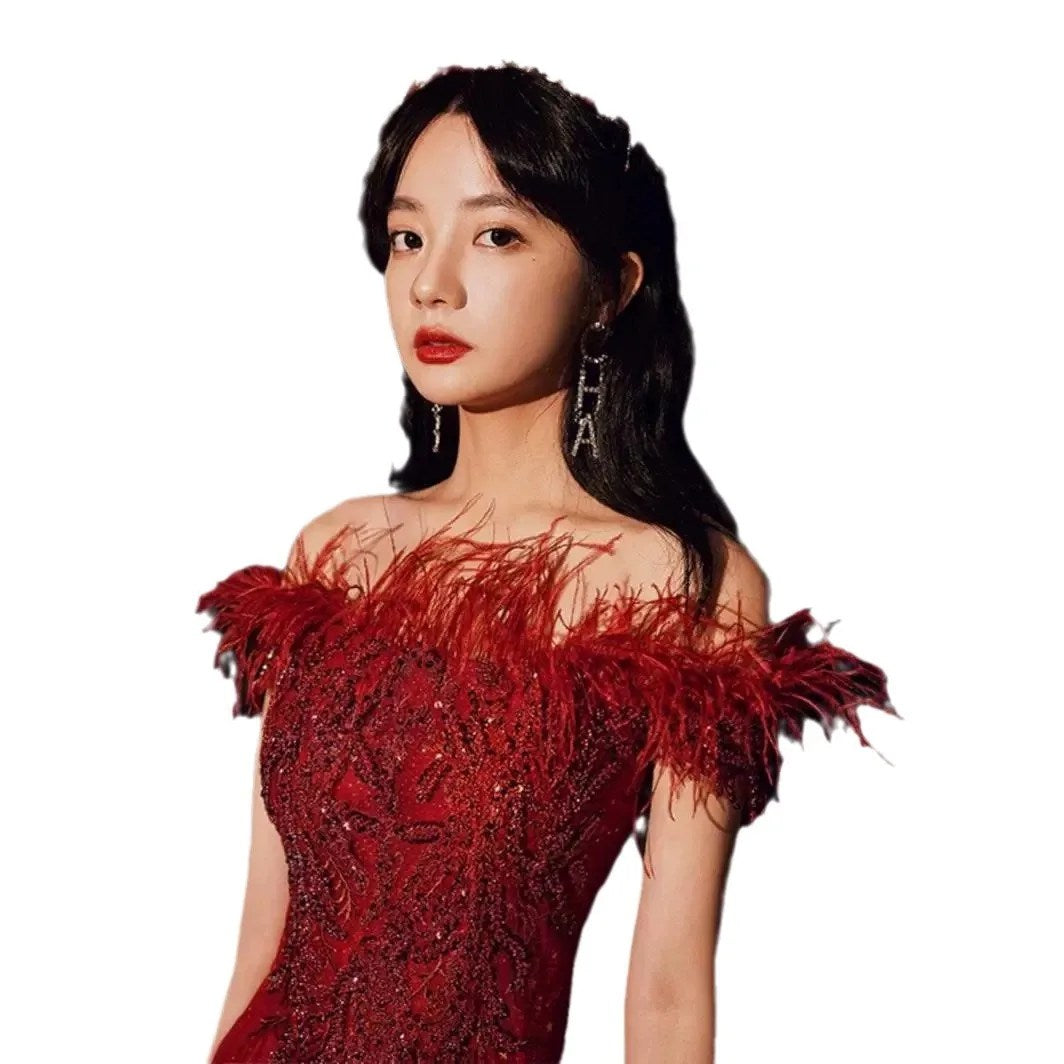 Summer Bridal Wedding Dress Red Shoulder Banquet Dress Long Feather Fairy Skinny