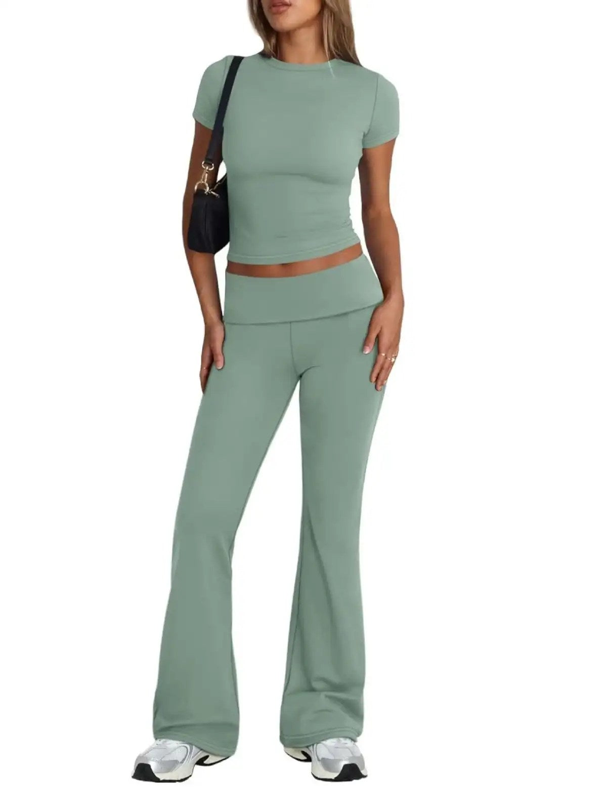 Stylish and Versatile: Women's Two-Piece Casual Suit Pants with Short Sleeved Top and Bell Pants