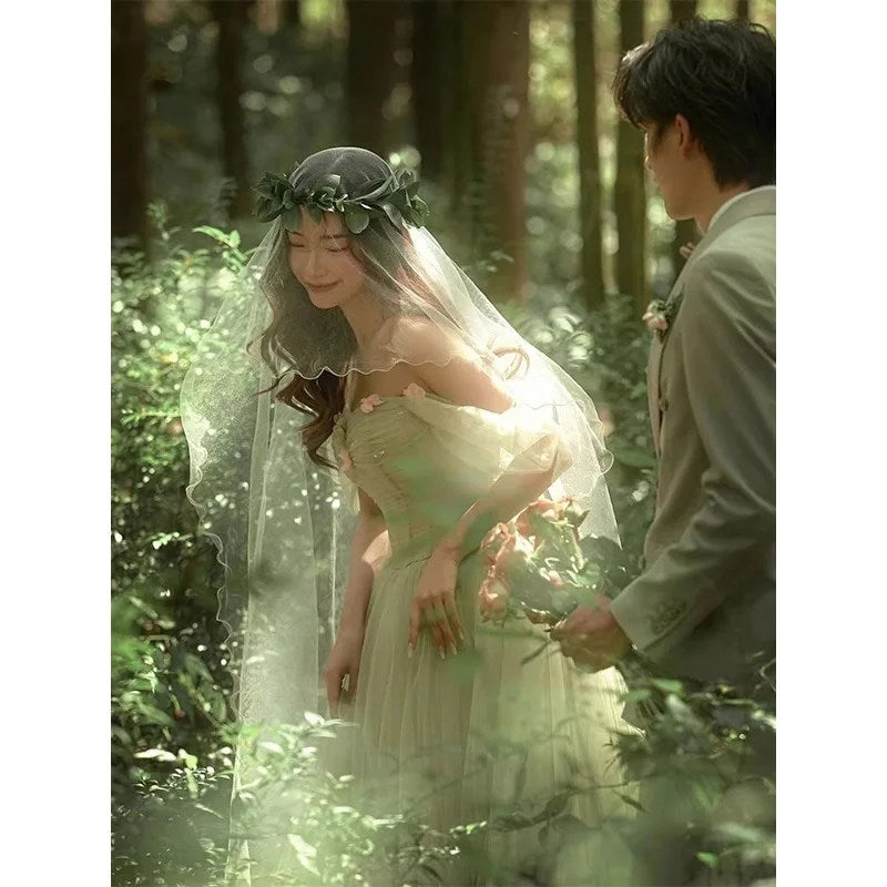 Forest Department Travel Photography Green Color Dress Princess Style Romantic Wedding Photo Theme Photography Wedding Dress