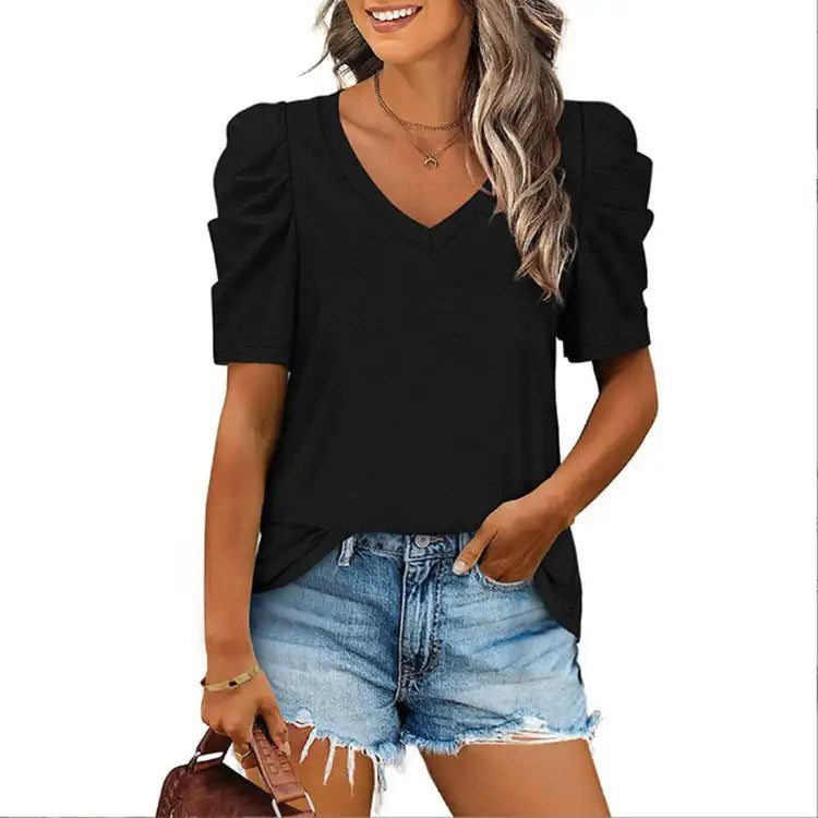 Stay Stylish this Summer with our Drawn Pleated V-neck T-shirt - Popular