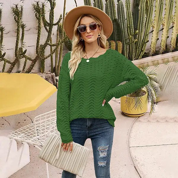 Stylish and Versatile: 2024 Autumn Solid Color Hollow Pullover Knitwear for Women