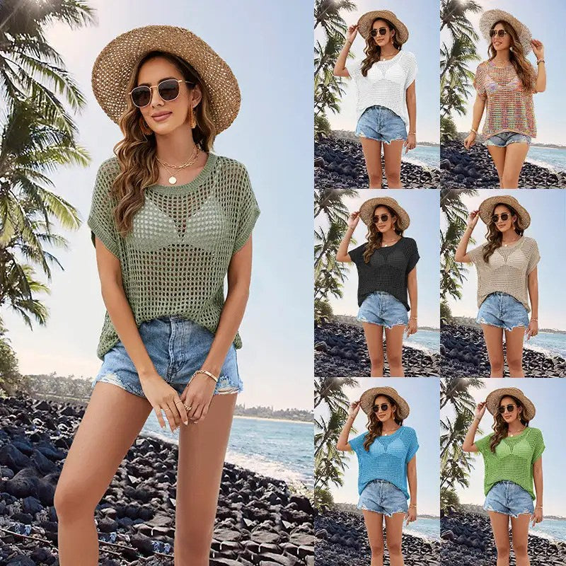 Stay Stylish and Comfortable with Our 2024 Summer Women's Knitted Cover Up - Loose Fit, Bat Sleeves, and Solid Color Design!