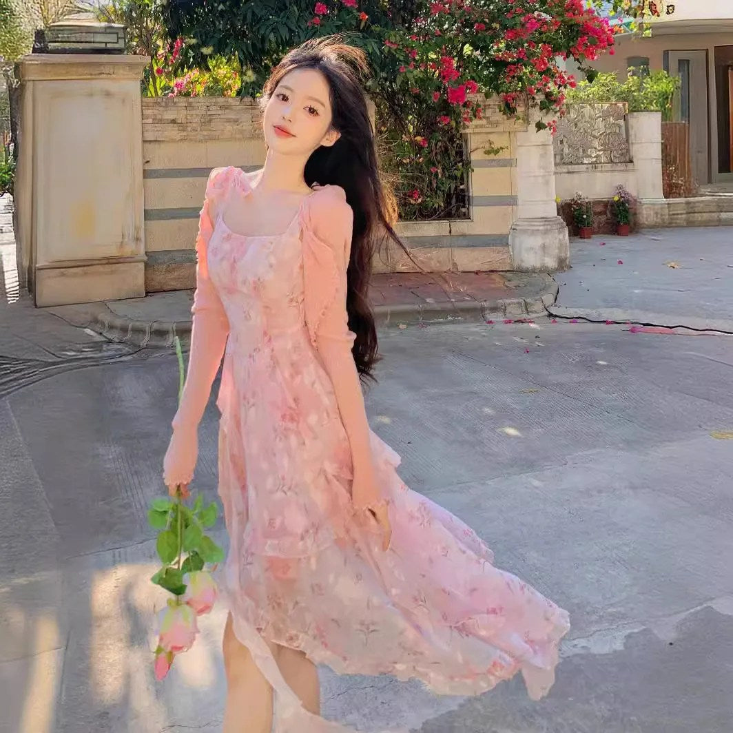Large Size French Coffee Break Floral Suspender Dress Fat Mm Small Fresh Holiday Style Sweet Temperament Trailing Long Dress