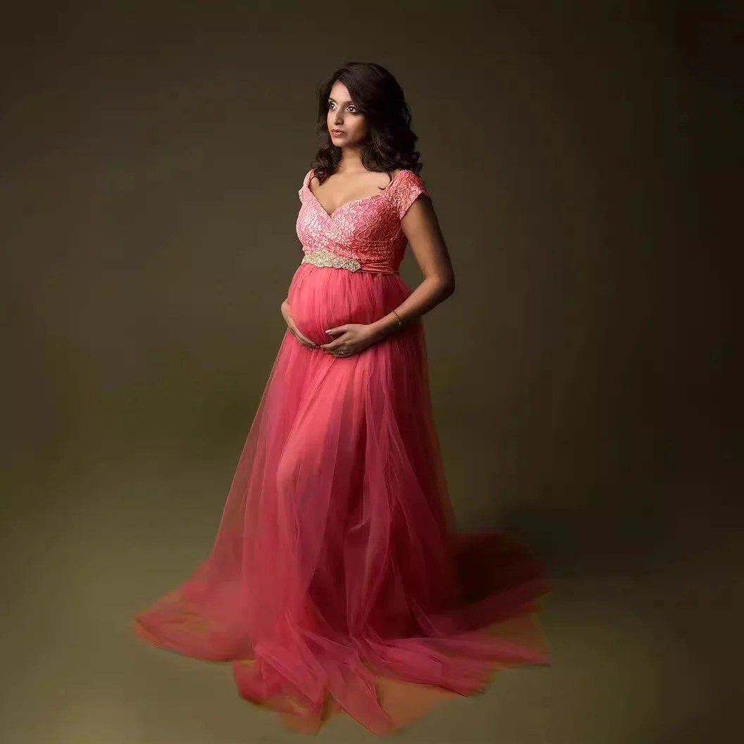 Summer New Short-sleeved Lace Stitching Mesh Maternity Trailing Wedding Party Dress