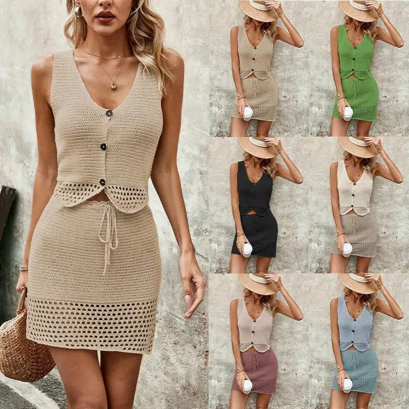 Spring Summer Fashion: Women's V-Neck Tank Top and Half Skirt Set in Solid Colors