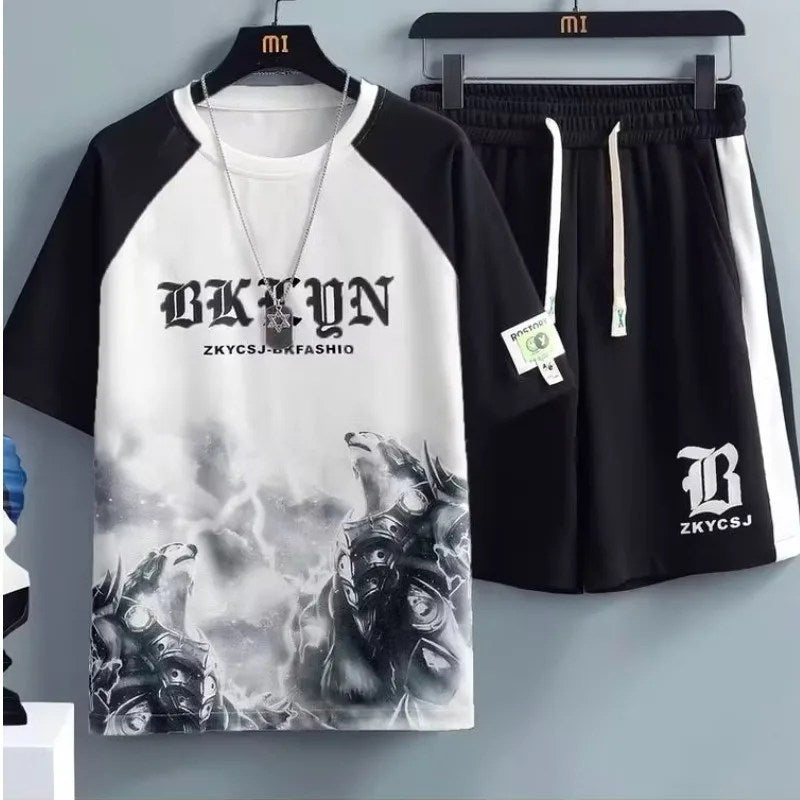 Men's Summer Casual Sports Suit - Loose Large Size, Ice Silk Short Sleeves Tshirt and Shorts - Handsome Teen Waffle Design