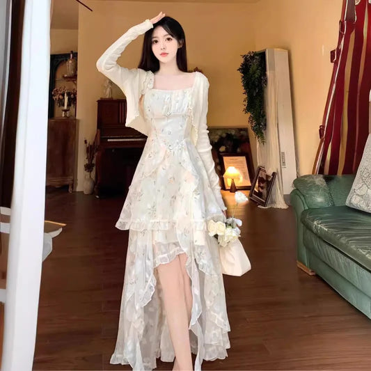 Large Size French Coffee Break Floral Suspender Dress Fat Mm Small Fresh Holiday Style Sweet Temperament Trailing Long Dress