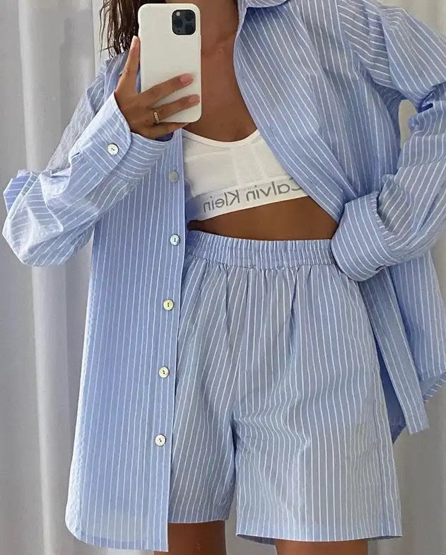 Effortlessly Chic: Striped Long Sleeve Shirt and Wide Leg Pants Shirt Suits for Summer