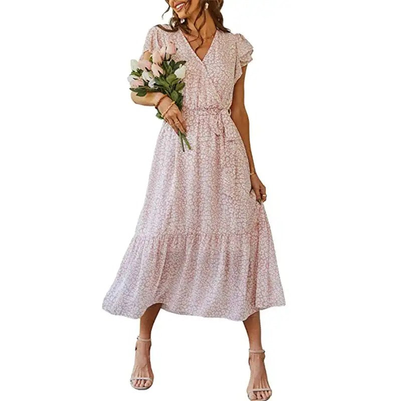 Stylish and Chic: Women's Floral Summer Dress with V-neck, Short Sleeves, Belt, and Pleated Hem - Perfect for Bohemian Fashion Lovers!