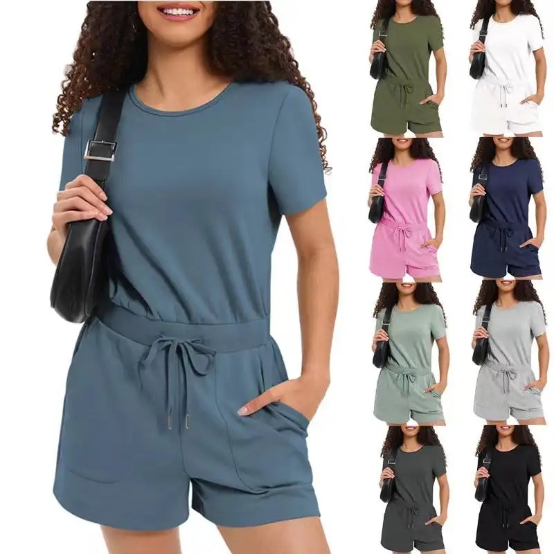 Stylish Women's Summer Short Sleeve Jumpsuit Set with Pockets
