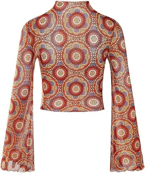 Women's Trumpet Sleeves Top with Lettuce Edging and Flower Mesh - Perfect for Open Navel T-shirt Look!