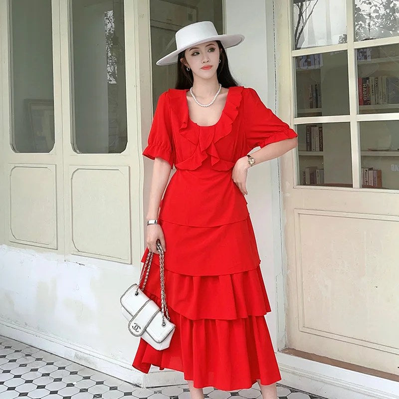 Plus Size Fat Mm Dress Red Performance Dress Festive Bridesmaid Dress Beach Skirt Design Sense Niche Cake Skirt Summer