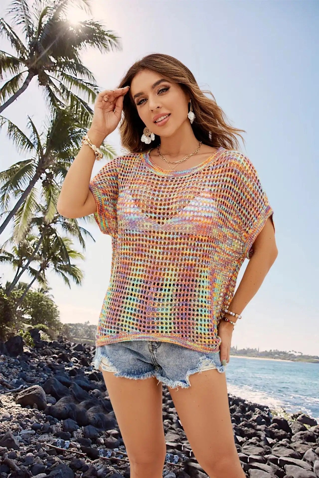 Stay Stylish and Comfortable with Our 2024 Summer Women's Knitted Cover Up - Loose Fit, Bat Sleeves, and Solid Color Design!