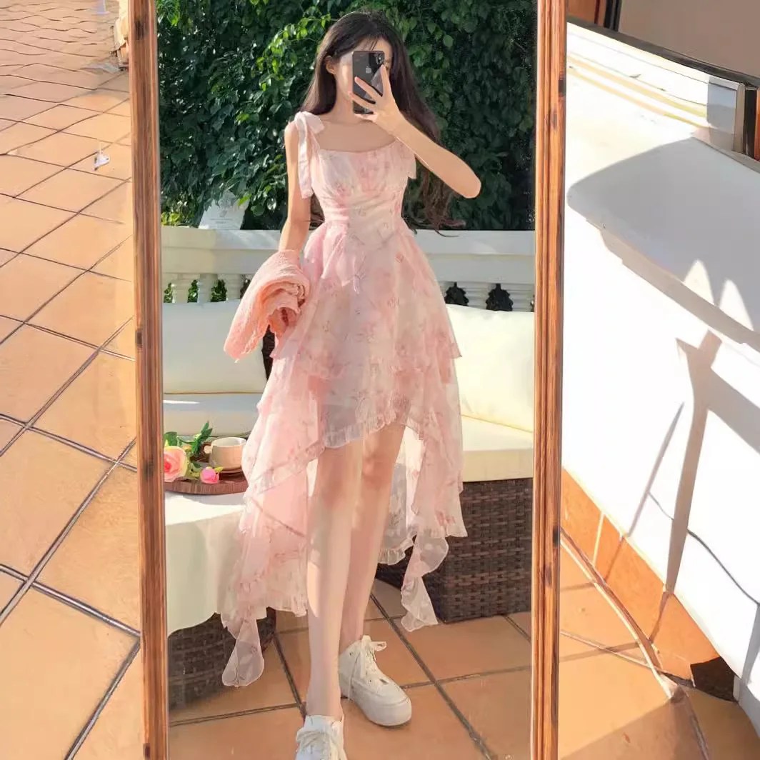 Large Size French Coffee Break Floral Suspender Dress Fat Mm Small Fresh Holiday Style Sweet Temperament Trailing Long Dress