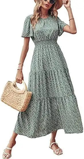 Spring & Autumn: New Floral Thin Waist Long Skirt Dress for Women - Perfect for Any Occasion!