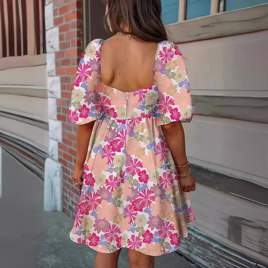 Summer Fashion: Elevate Your Style with Women's Floral Print Square Neck Puff Sleeve Dress - Princess Vibes!