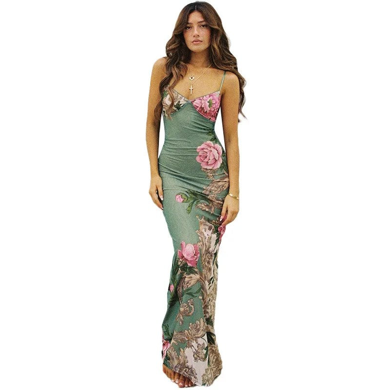 Stylish and Chic: Discover the Autumn New Womens Long Skirt with a Slim Print Design and Suspender Dress for a Holiday Temperament