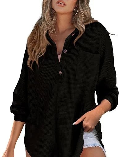 2024 Spring Fashion: Waffle Womens Shirts with Solid Color Lapel and Pocket Detail