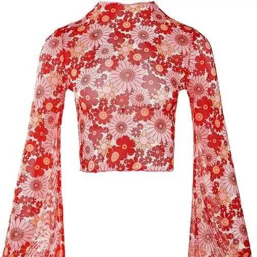 Women's Trumpet Sleeves Top with Lettuce Edging and Flower Mesh - Perfect for Open Navel T-shirt Look!