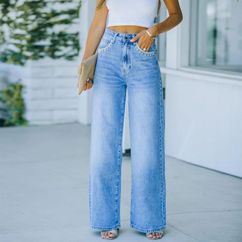 Effortlessly Chic: Women's Loose Denim Pants with Petal Pocket Detail