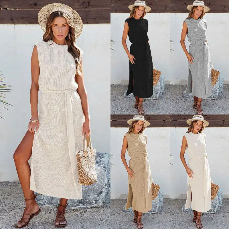 Fashion Commuter Dresses: Solid Color Bottom Knitted Skirt with High Split and Sexy Viscose Material for Women