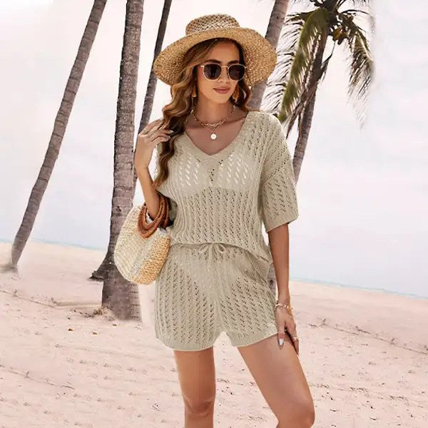 Stay Cool and Stylish with Our 2024 Summer Two-Piece Set: Solid Color Hollow Knit Top and High-Waisted Shorts for Women's Casual Wear