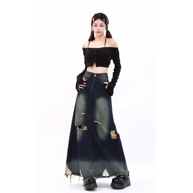 Original Design Heavy Industry Grinding and Washing Wasteland A-type Pendulum Raw Edge Ripped Denim Skirt