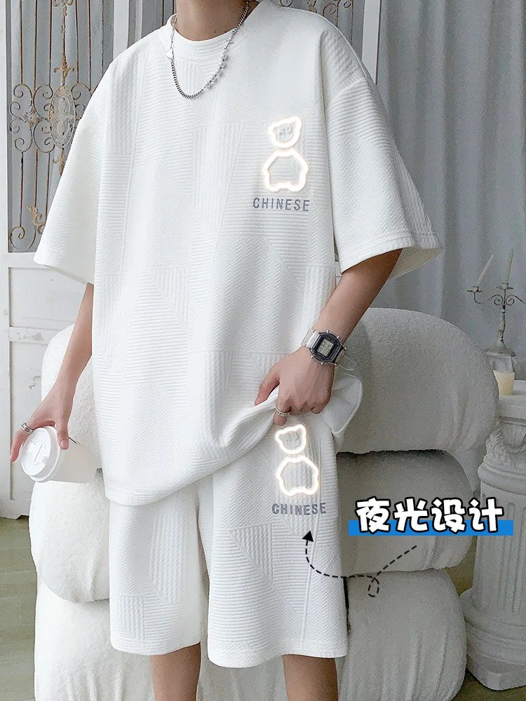 Men's Summer Fashion Bear T-Shirt & Shorts Set - Loose Fit, Short-Sleeved, Basketball Suit, Waffle Sports Suit