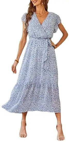Stylish and Chic: Women's Floral Summer Dress with V-neck, Short Sleeves, Belt, and Pleated Hem - Perfect for Bohemian Fashion Lovers!