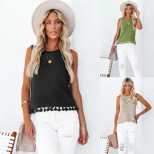 2024 Summer Fashion: Handmade Tassel Women's Tank Top with Hollow Out Knitwear and Round Neck !