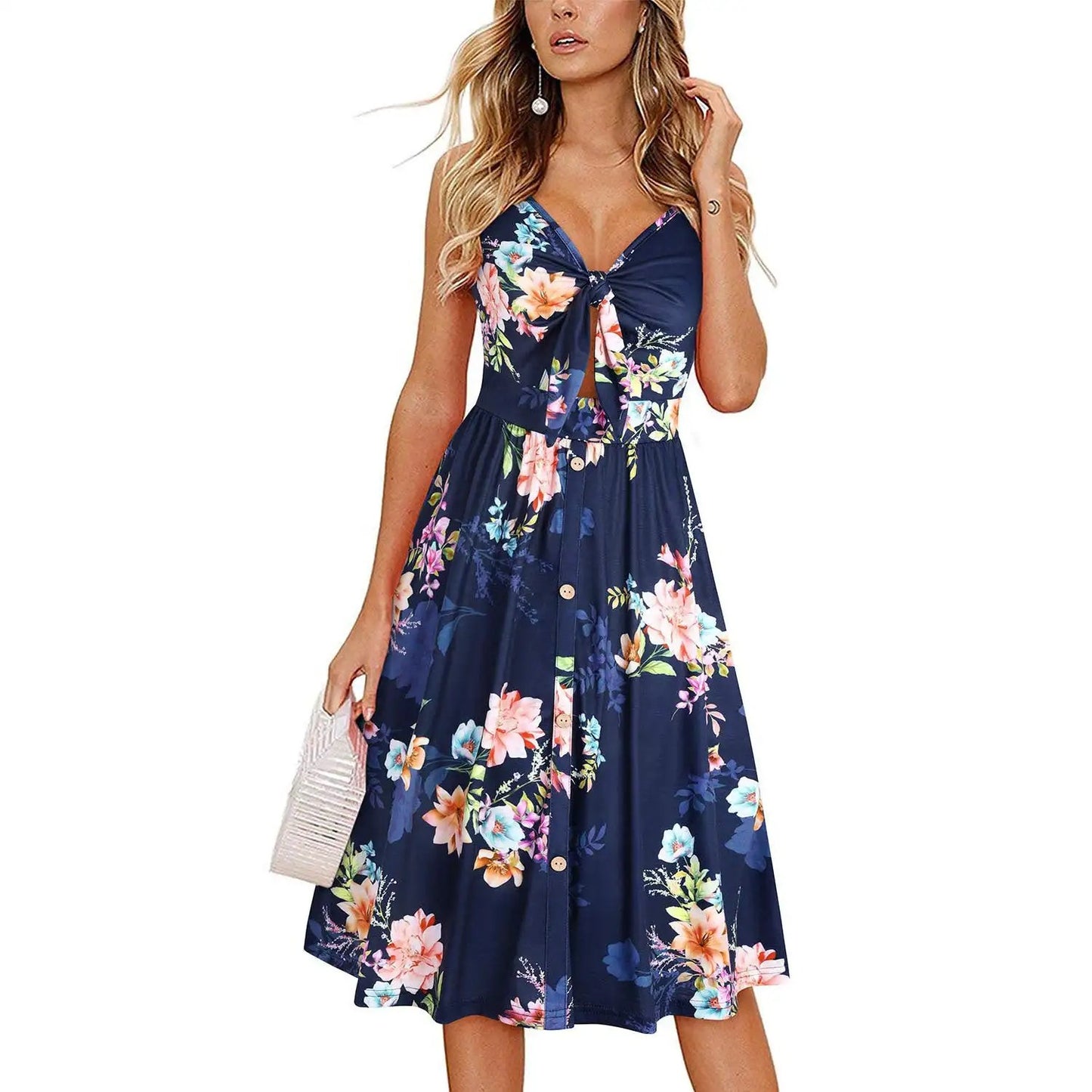 Get Ready for Summer 2024 with Our Stylish Printed Suspender Dress for Women - Slim Fit, Mid Length, and V-neck!