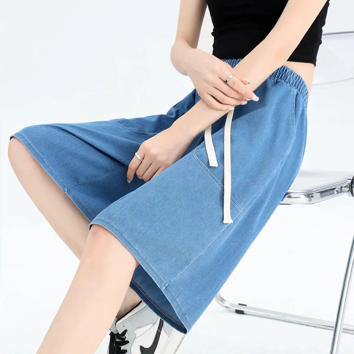 Stay Cool and Stylish this Summer with Tencel Denim Jean Shorts for Women - High Waist, Loose Fit, and Wide-Leg Design!