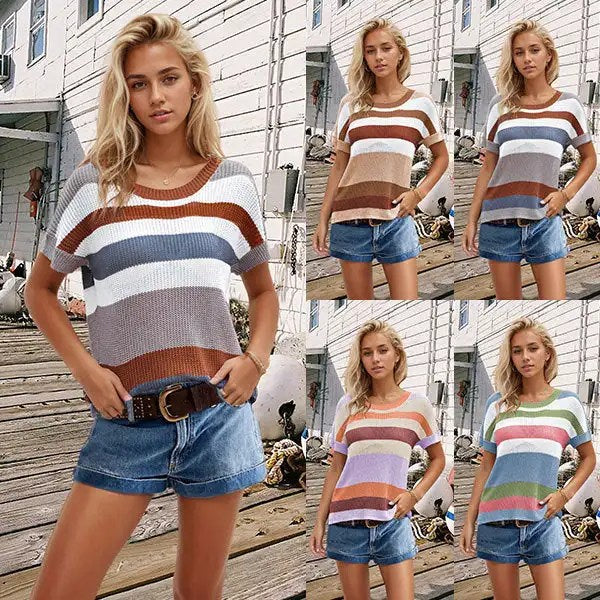 Stylish and Comfortable: 2024 Rainbow Stripe Short Sleeved Knitwear for Women - Perfect for Spring and Summer!