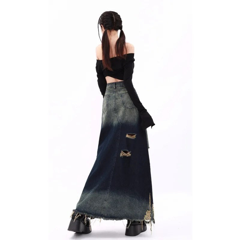 Original Design Heavy Industry Grinding and Washing Wasteland A-type Pendulum Raw Edge Ripped Denim Skirt