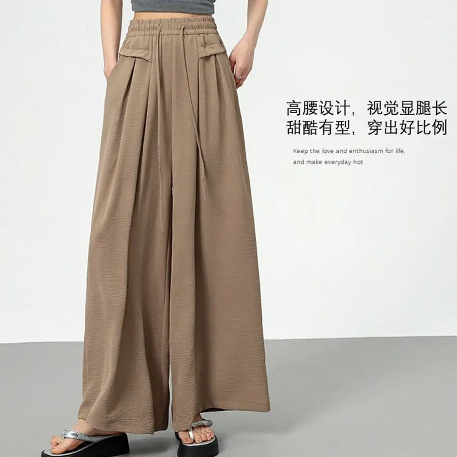 Effortlessly Chic: Spring and Summer Collection of High-Waisted Texture Ice Silk Wide-Leg Pants for Women