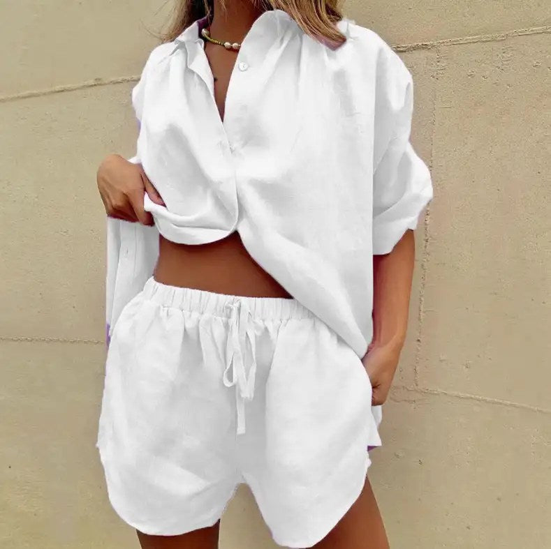 2024 Summer Women's Solid Color Shirt Short Sleeve Suit with Wide Leg Pants and Shorts