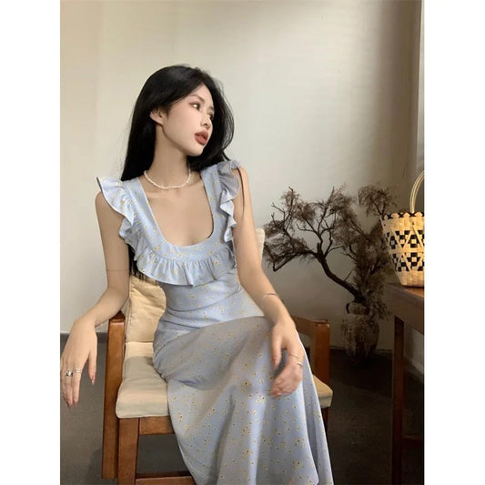 French romantic gentle small flying sleeves blue floral dress children's summer 2024 new seaside vacation dress