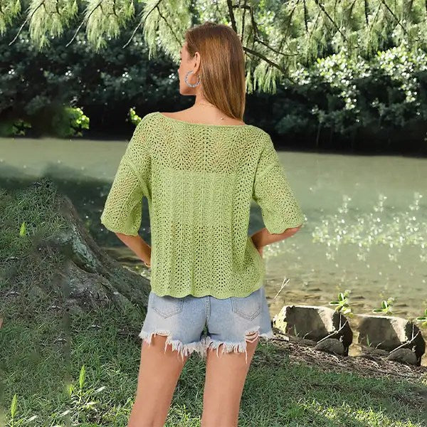 2024 Summer New Round Neck Mesh Knit Tshirt for Casual Women - Hollow Out & Large Size