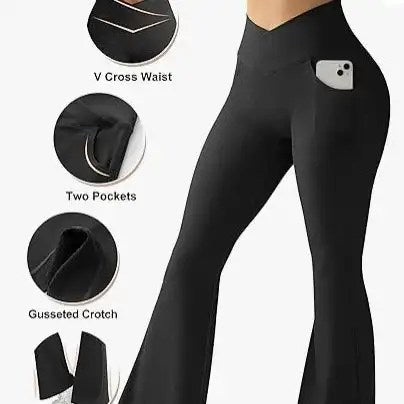 2024's Must-Have: Women's Sexy Ribbed Cross Yoga Pants with Pockets and High Waisted Flared Design