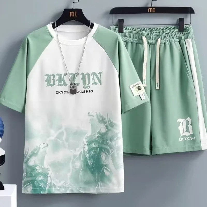 Men's Summer Casual Sports Suit - Loose Large Size, Ice Silk Short Sleeves Tshirt and Shorts - Handsome Teen Waffle Design