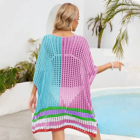 2024 Summer Women's Beach Dresses Cover Up: Spliced Hollow Skirt in Loose Size for Bikini and Beach Dress
