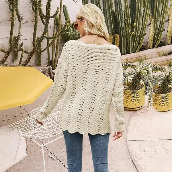 Stylish and Versatile: 2024 Autumn Solid Color Hollow Pullover Knitwear for Women
