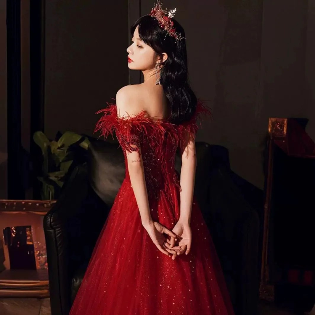 Summer Bridal Wedding Dress Red Shoulder Banquet Dress Long Feather Fairy Skinny