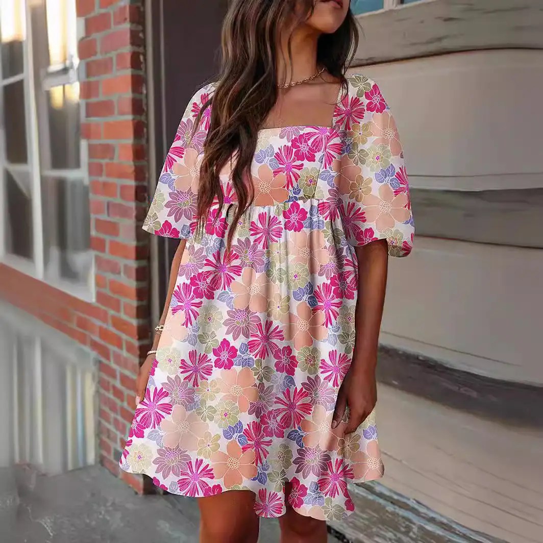 Summer Fashion: Elevate Your Style with Women's Floral Print Square Neck Puff Sleeve Dress - Princess Vibes!