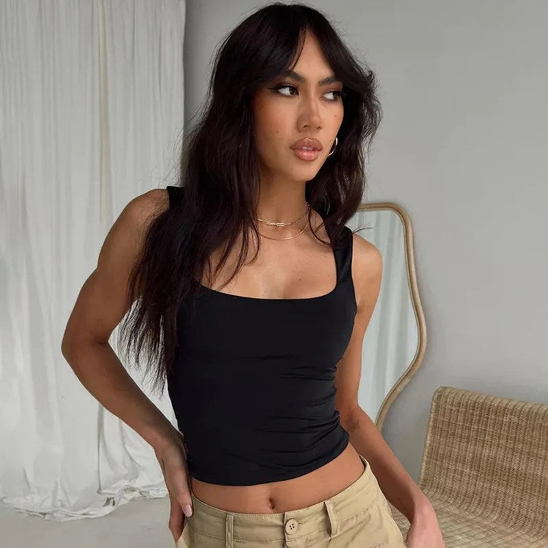 Spring Square Neck Tight Show Chest Women Sleeveless Tank Top | Street Style Fashion Spicy Girl Simple Top Lady Spring Summer Tops
